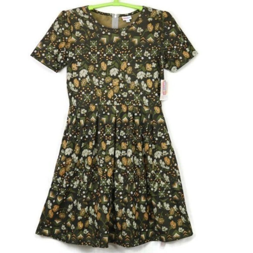 LuLaRoe Amelia Fit & Flare‎ Dress Green Gold Floral Jacquard Pockets 2XL